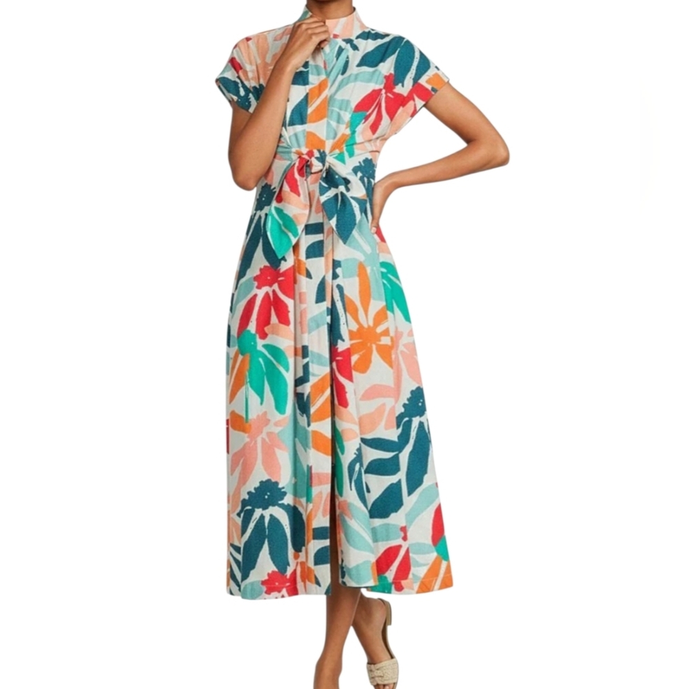 AP.NY Tropical Floral Midi Shirt Dress with Tie Waist - Multicolor